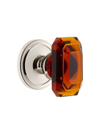 Grandeur Circulaire Rosette Door Set with Amber Crystal-Glass Baguette Knobs in Polished Nickel.